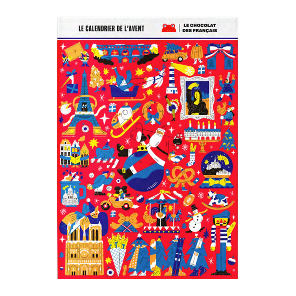 Le Chocolat des Francais 2025 chocolate advent calendar with colorful illustrations on a red background, front view on a white background.