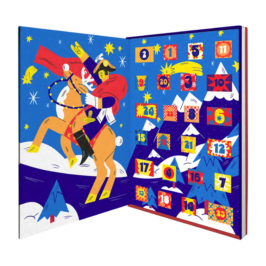 Advent calendar with a colorful design featuring a person on a reindeer and numbered squares.
