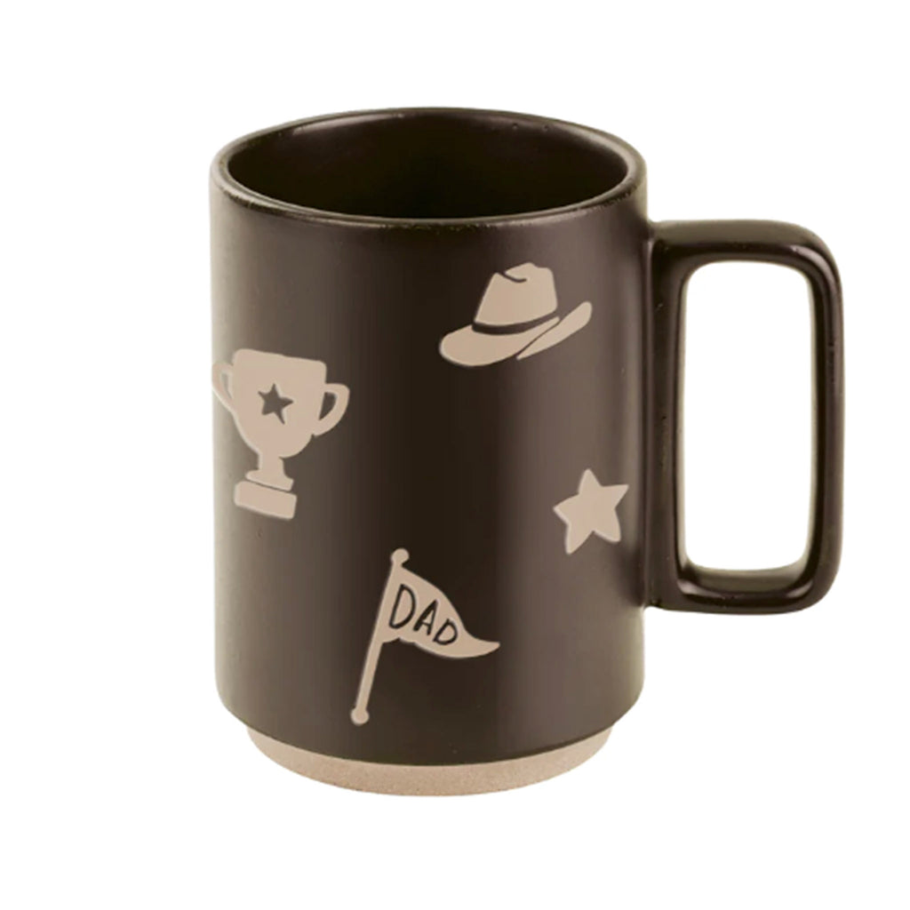 Fringe Studio Dad Things ceramic mug with matte brown glaze and wax resist designs of a hat, star, pennant with "dad" on it and a trophy.