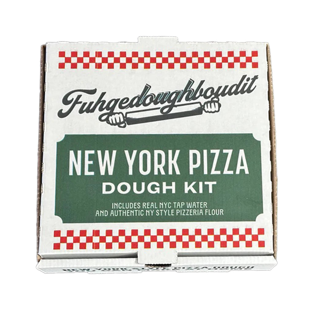 New York Pizza Dough Kit pizza box packaging with checkered design and text on a white background.