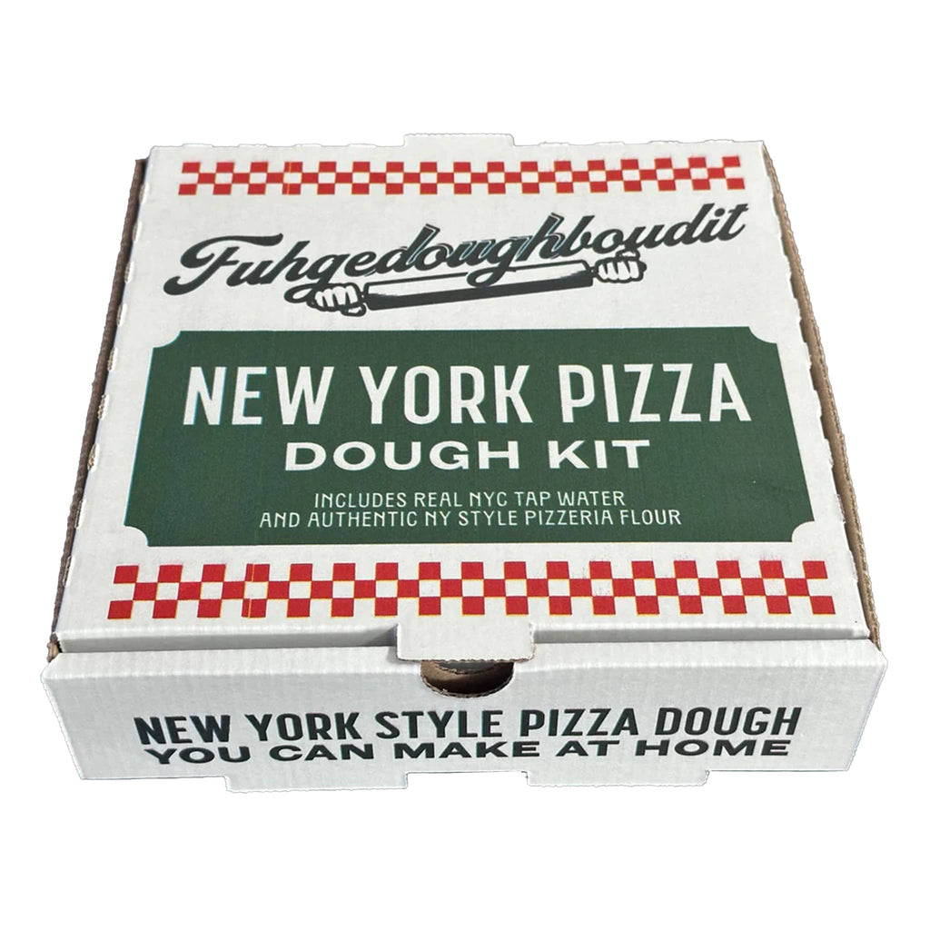 Fuhgeddowboutit New York Pizza Dough Kit packaging on a white background.