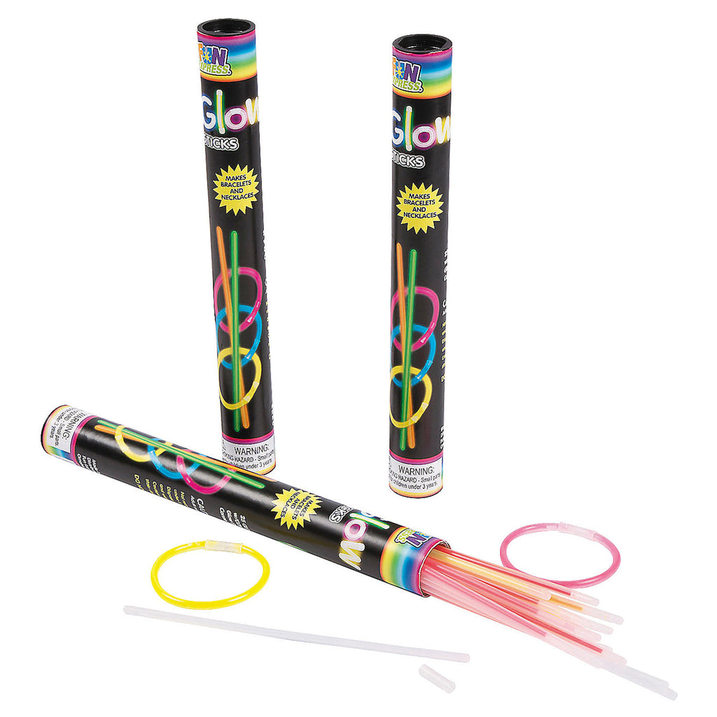 Fun Express pack of 25 x 8" glow sticks and connectors in tube packaging.