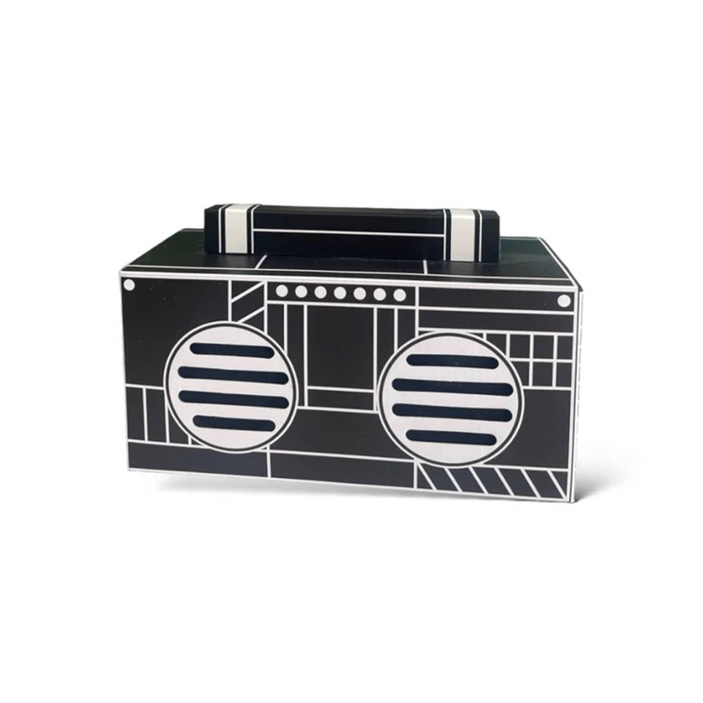 Funky Rico black and white retro boombox wireless speaker, front angle view.