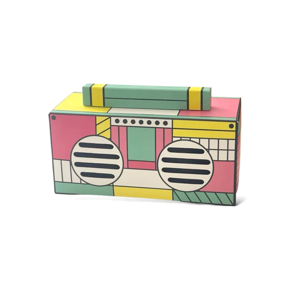 Funky Rico Multicolor retro boombox wireless speaker, front angle view.