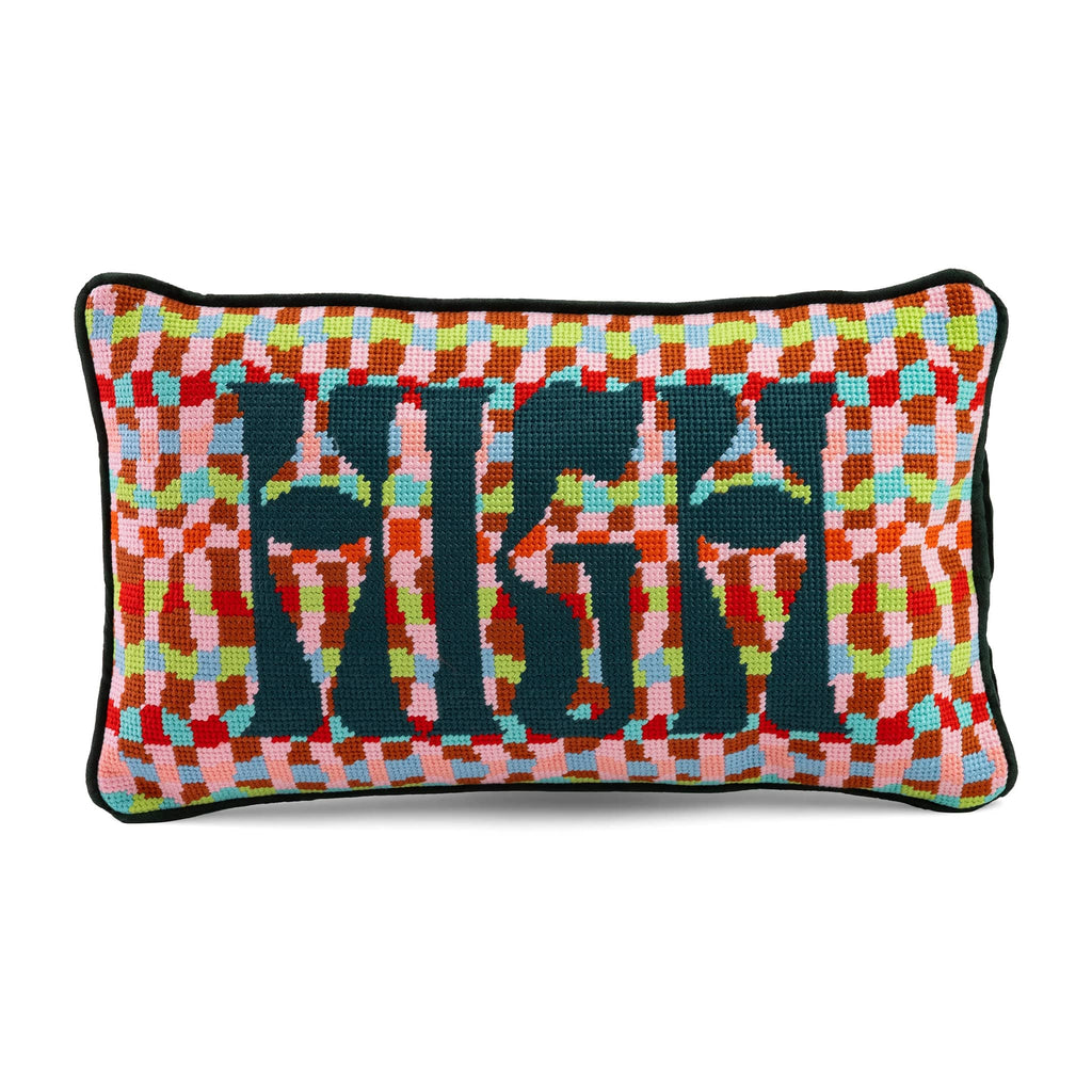 Colorful needlepoint pillow with geometric pattern and "HIGH" in dark green lettering, front view on a white background.