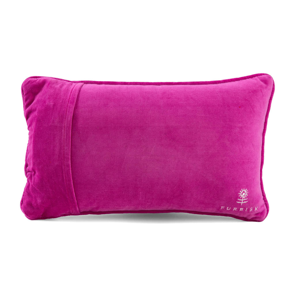 Back of pillow with fuchsia velvet and "furbish" brand logo on a white background.