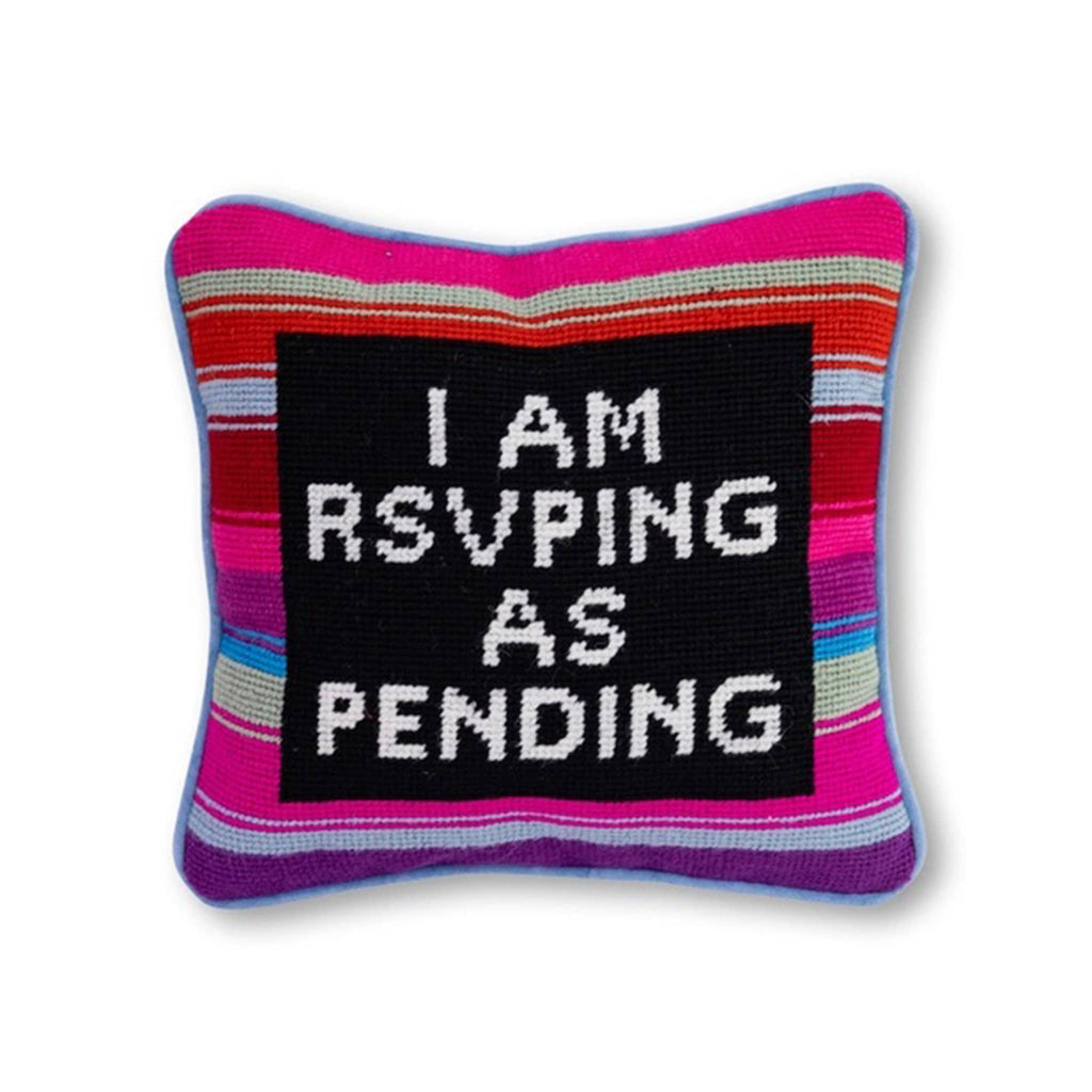 Furbish Studio "I Am RSVPing as Pending" colorful striped needlepoint decorative pillow, front view.