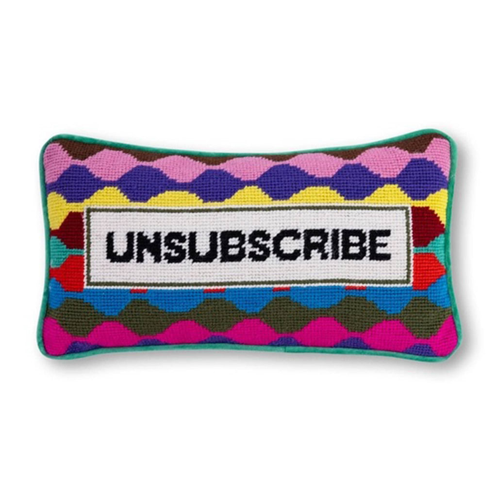 Furbish Studio "Unsubscribe" colorful needlepoint decorative pillow, front view.