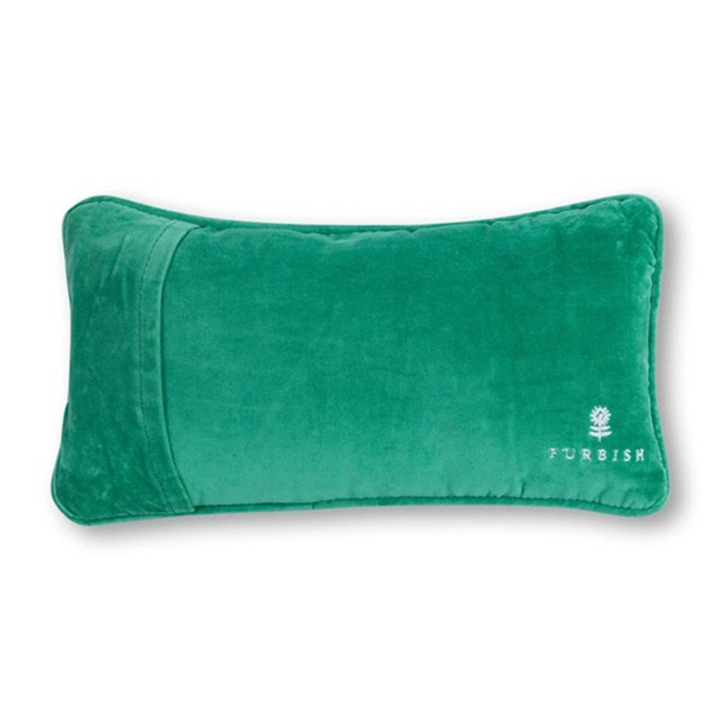 Furbish Studio "Unsubscribe" colorful needlepoint decorative pillow, solid green velvet back view.