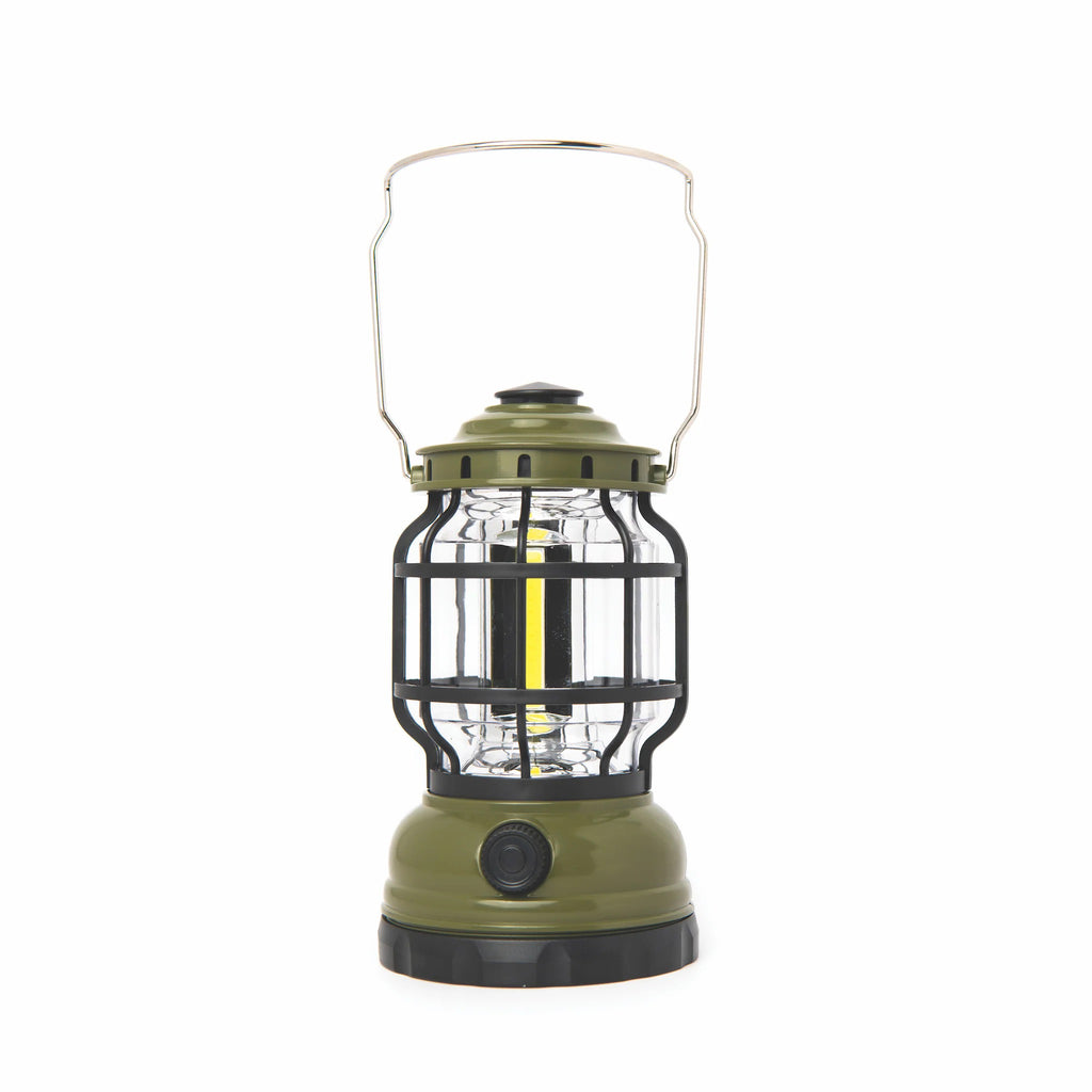 Gentlemen's Hardware LED Camping Lantern in olive green with handle up.