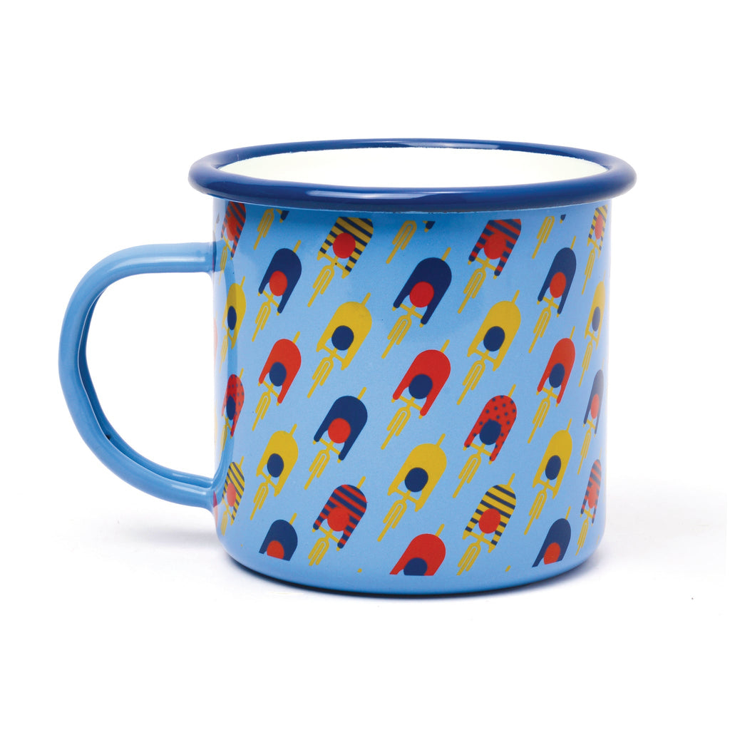 Gentlemen's Hardware Cycling Enamel Mug with yellow, blue and red repeating cyclist graphic, handle is on the left.