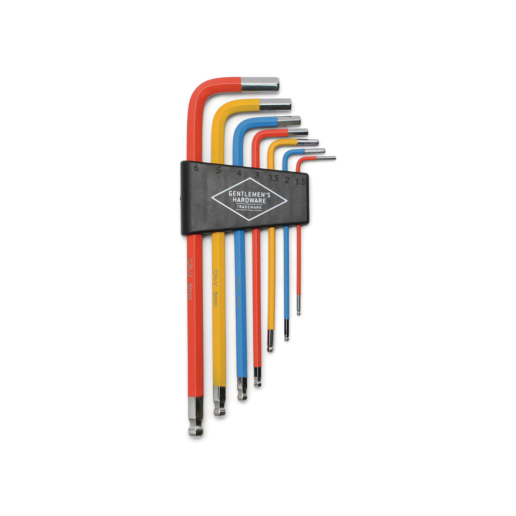 Gentlemen's Hardware red, blue and yellow Hex Key Set in sizes 1.5-6mm, on white background.