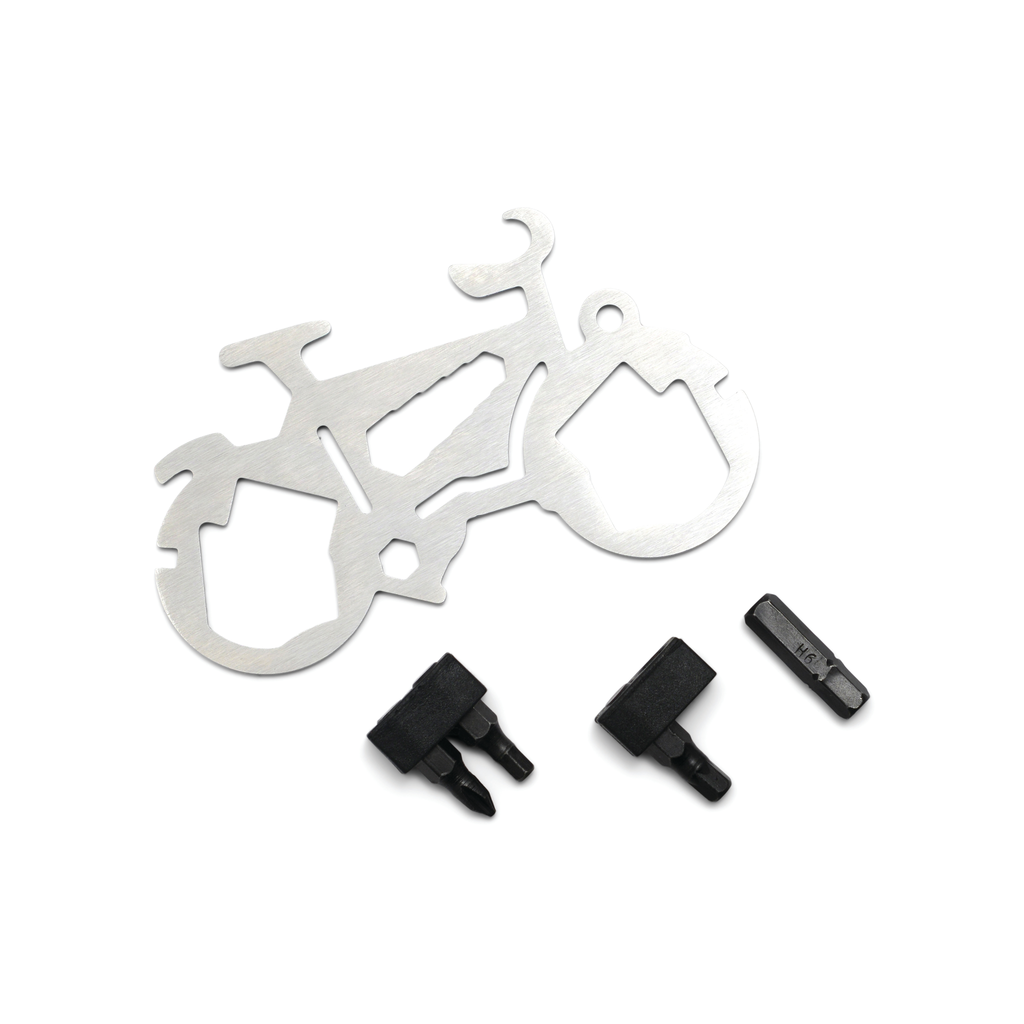 Gentlemen's Hardware Bicycle Shaped Multi-Tool on white background with screwdriver heads separated out.