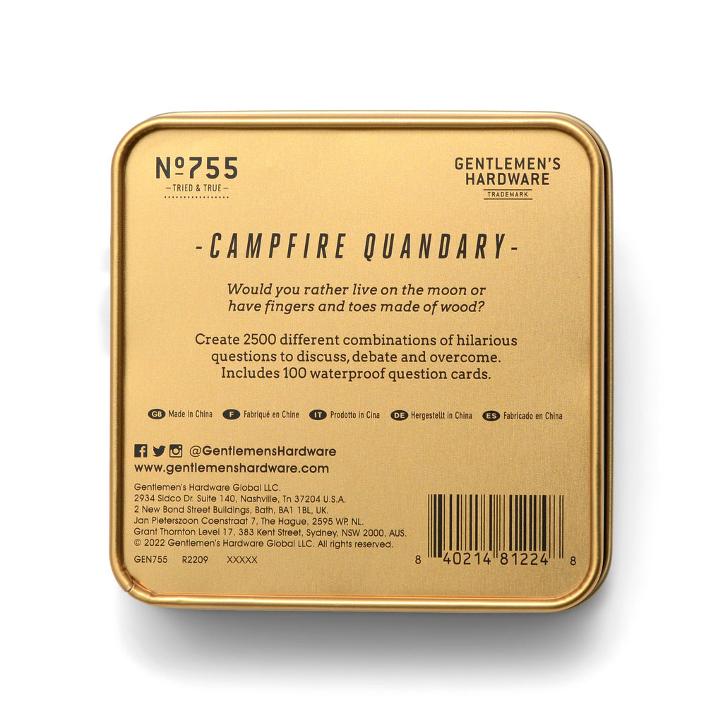 Gentlemen's Hardware Campfire Quandary card game in square tin packaging, back view with instructions.