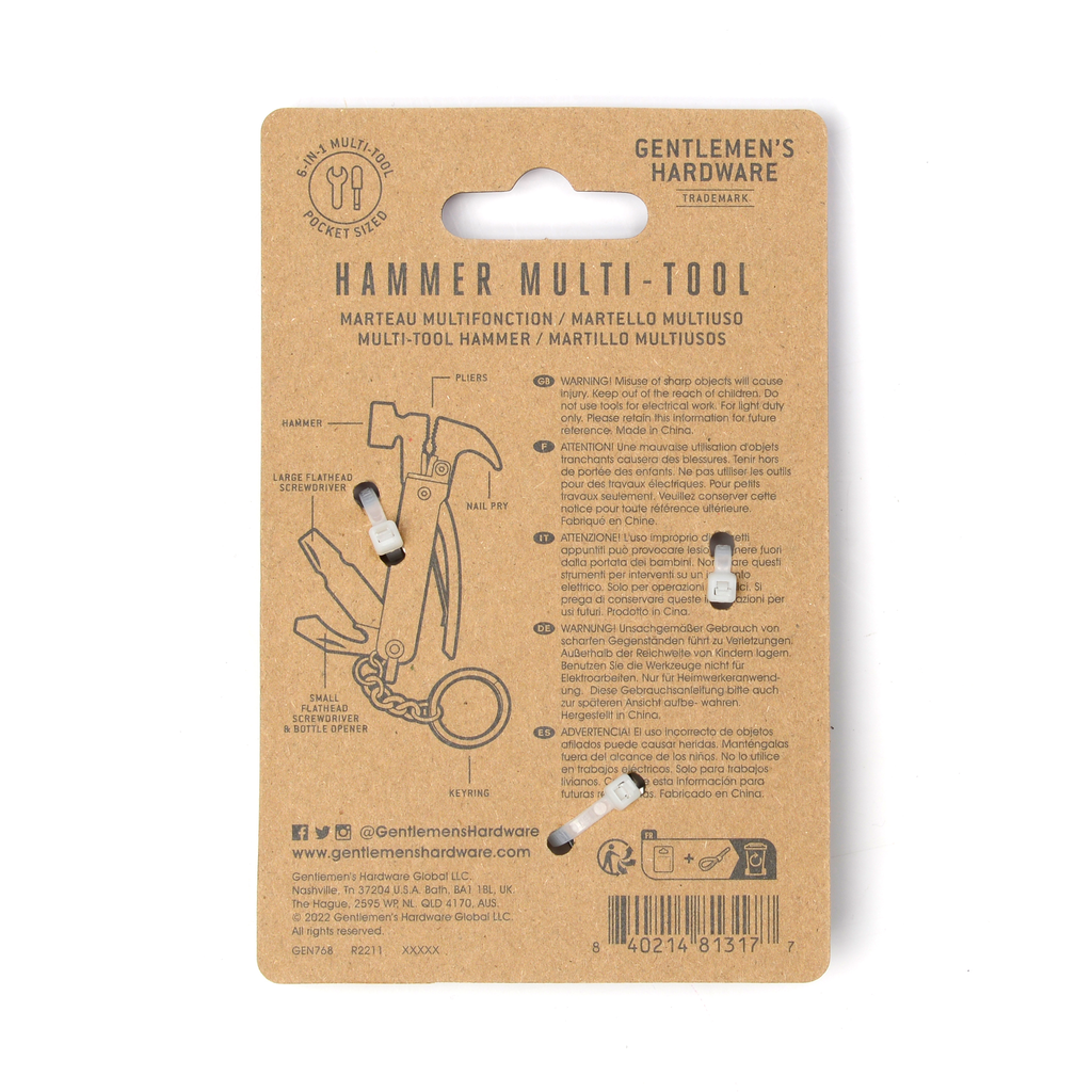 Gentlemen's Hardware Hammer Multi-Tool on card packaging, back view.