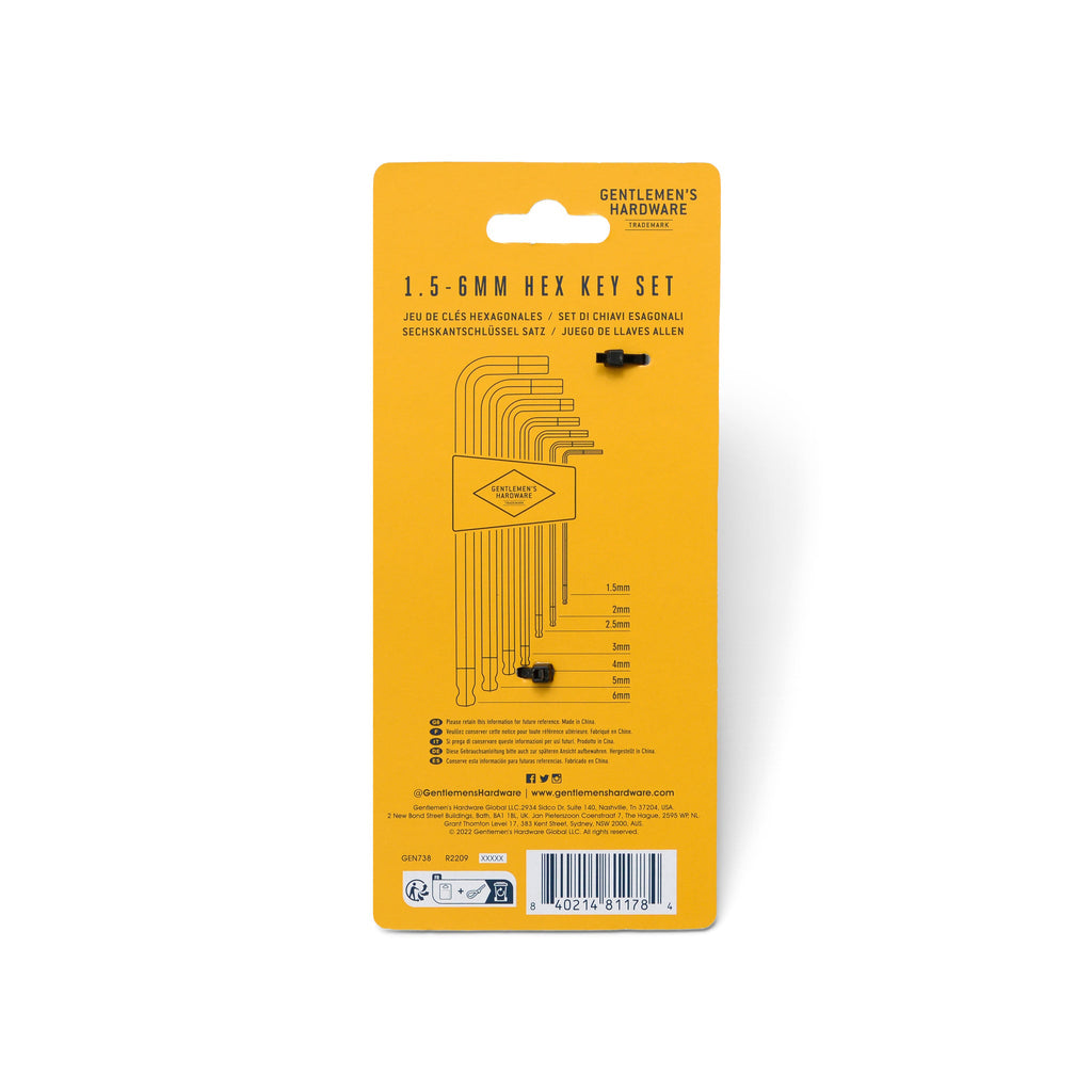 Gentlemen's Hardware red, blue and yellow Hex Key Set in sizes 1.5-6mm, on card packaging, back view.