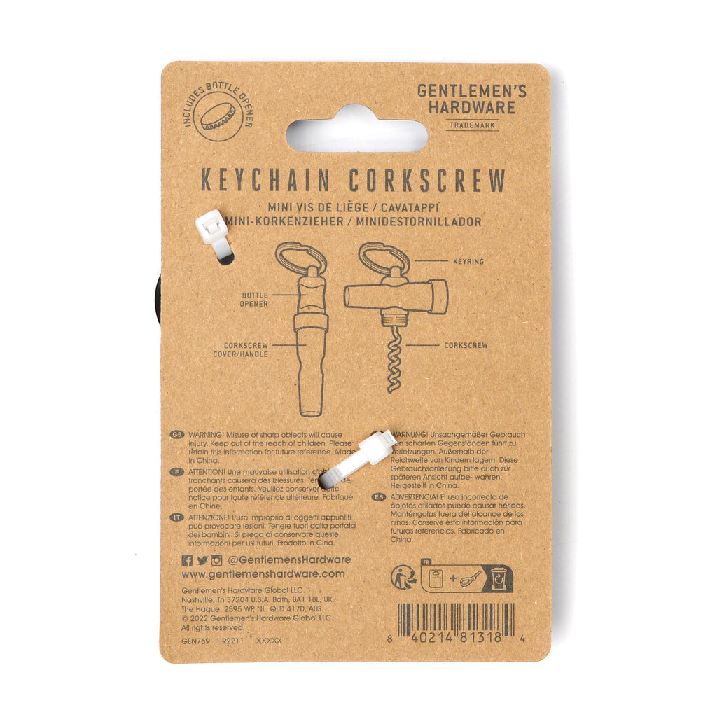 Gentlemen's Hardware Keychain Corkscrew on card packaging, back view.