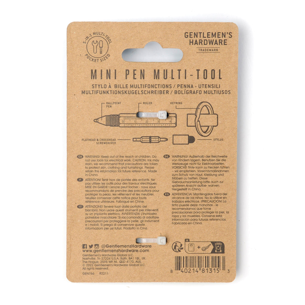 Gentlemen's Hardware Mini Pen Multi-Tool on card packaging, back  view.