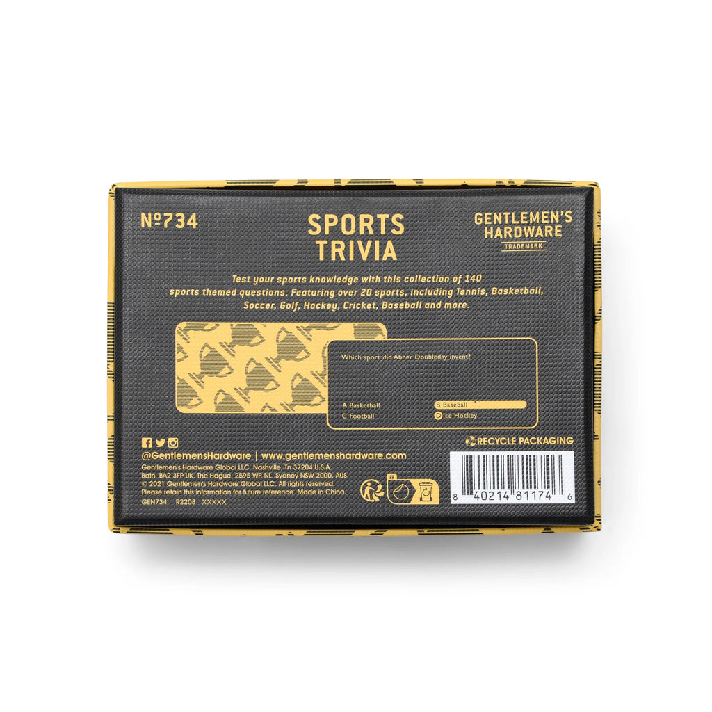 Gentlemen's Hardware Sports Trivia quiz game cards in yellow box, back view.