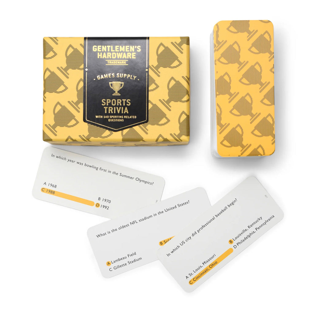Gentlemen's Hardware Sports Trivia quiz game cards in yellow box with sample cards.