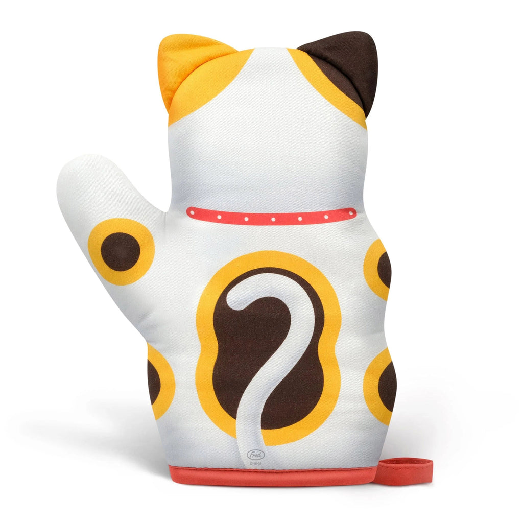 Fred Feline Lucky Oven Mitt shaped like a lucky waving cat (Maneki Neko), back view.