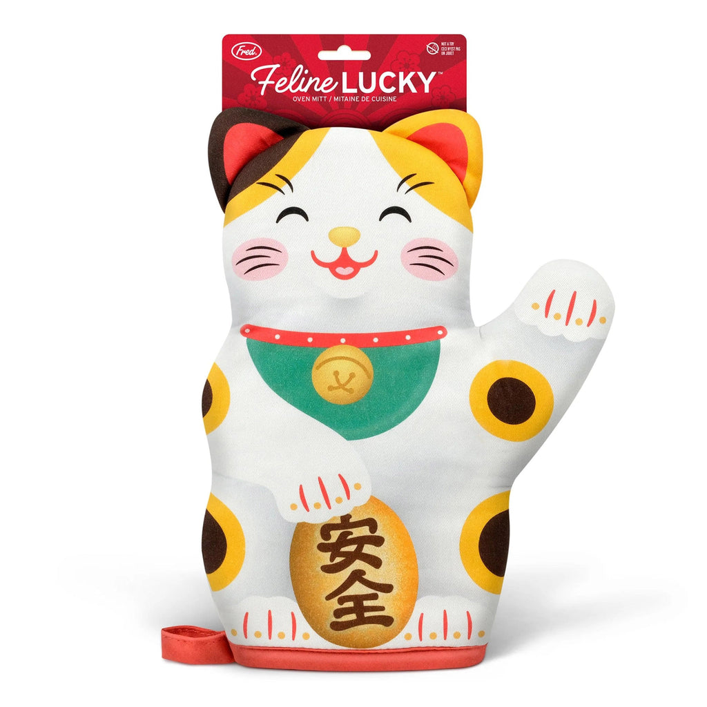 Fred Feline Lucky Oven Mitt shaped like a lucky waving cat (Maneki Neko), front view with packaging.
