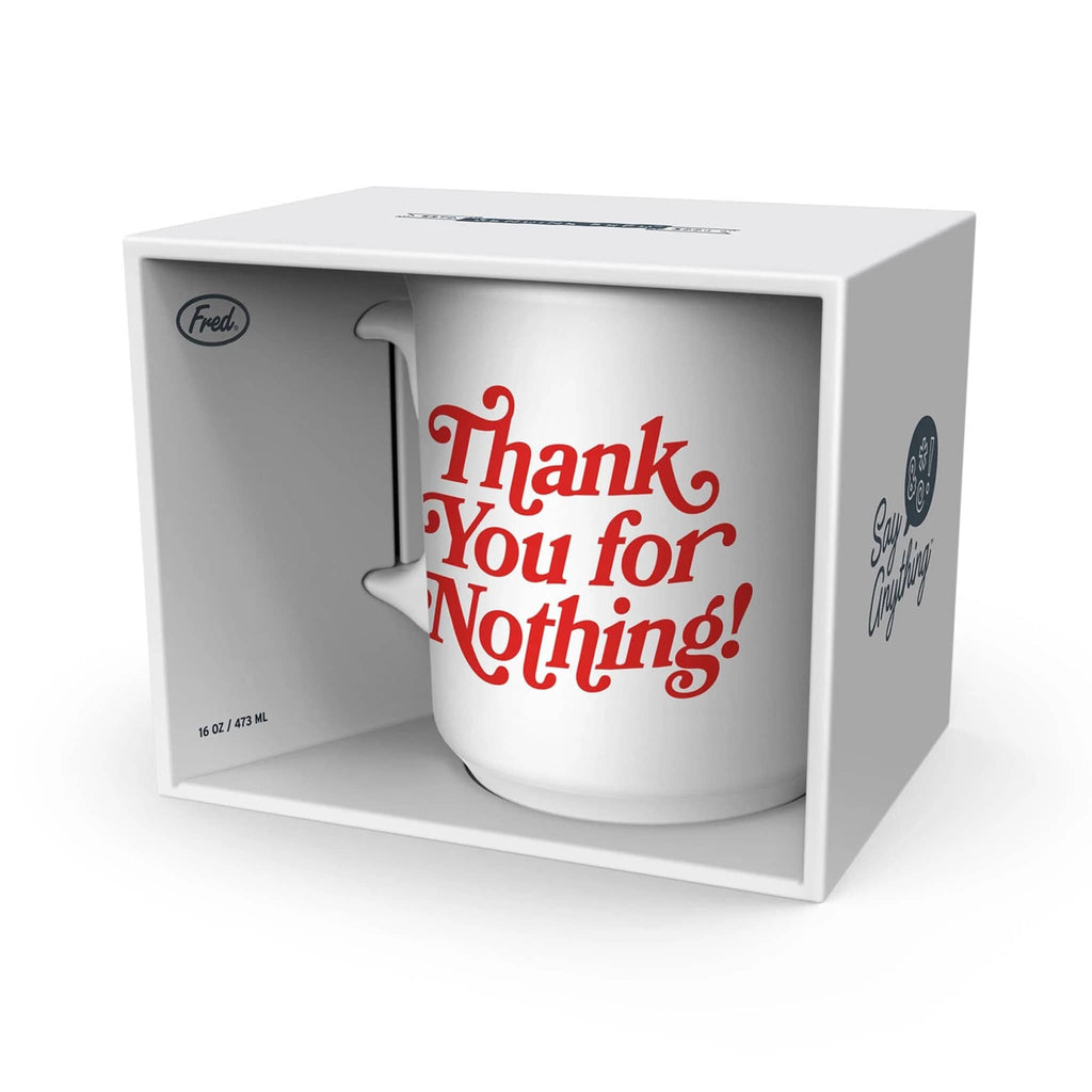 White mug with red text 'Thank You for Nothing!' in a white box packaging.