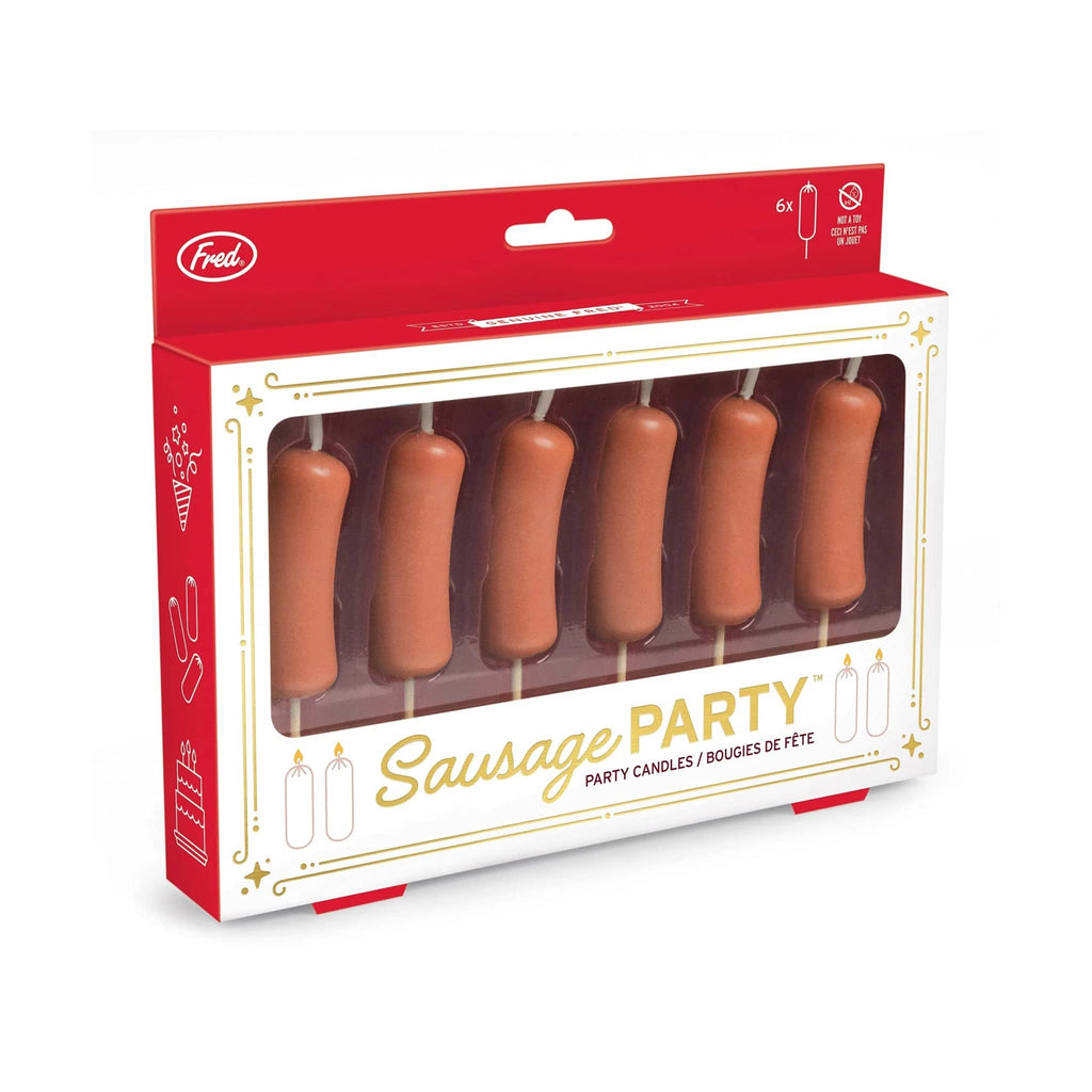Packaging of 'Sausage Party' candles with red and white design, front angle view.