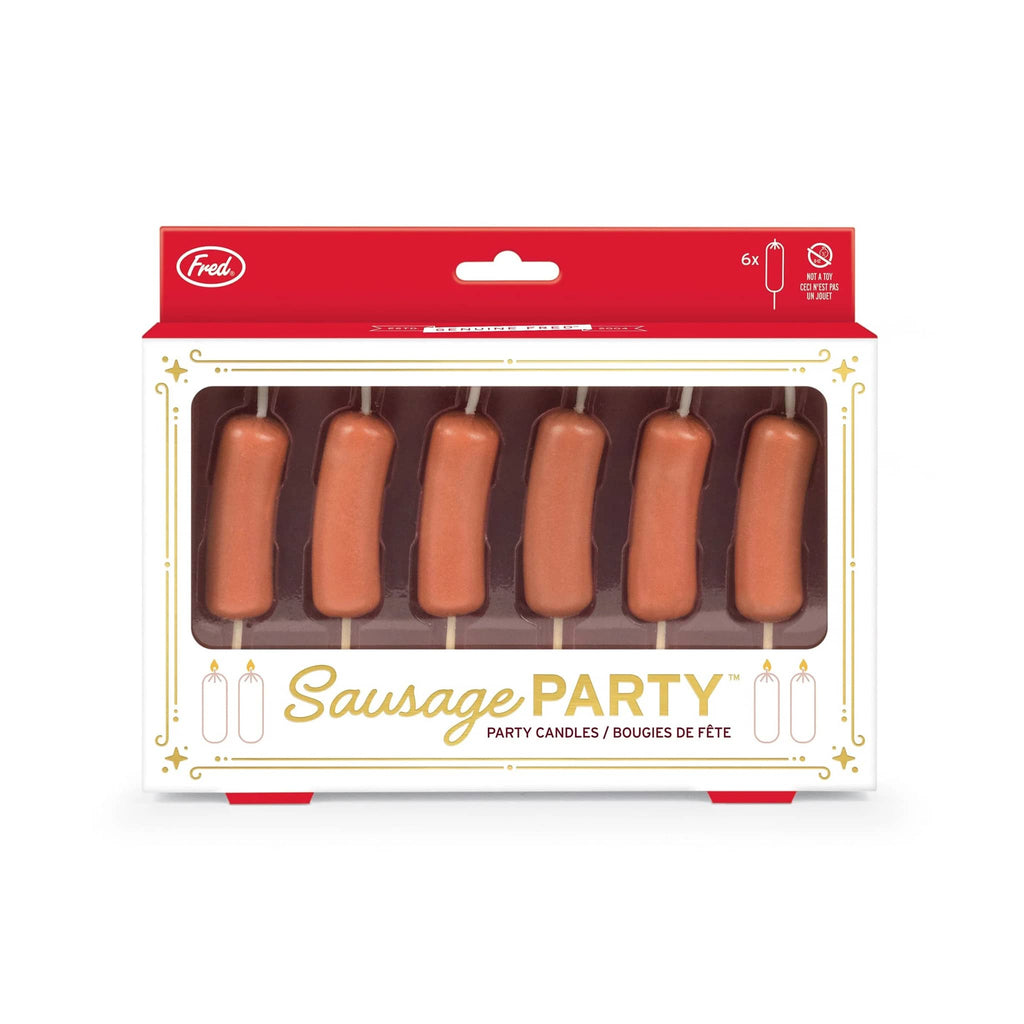Packaging of 'Sausage Party' party candles with red and white design, front view, on white background.