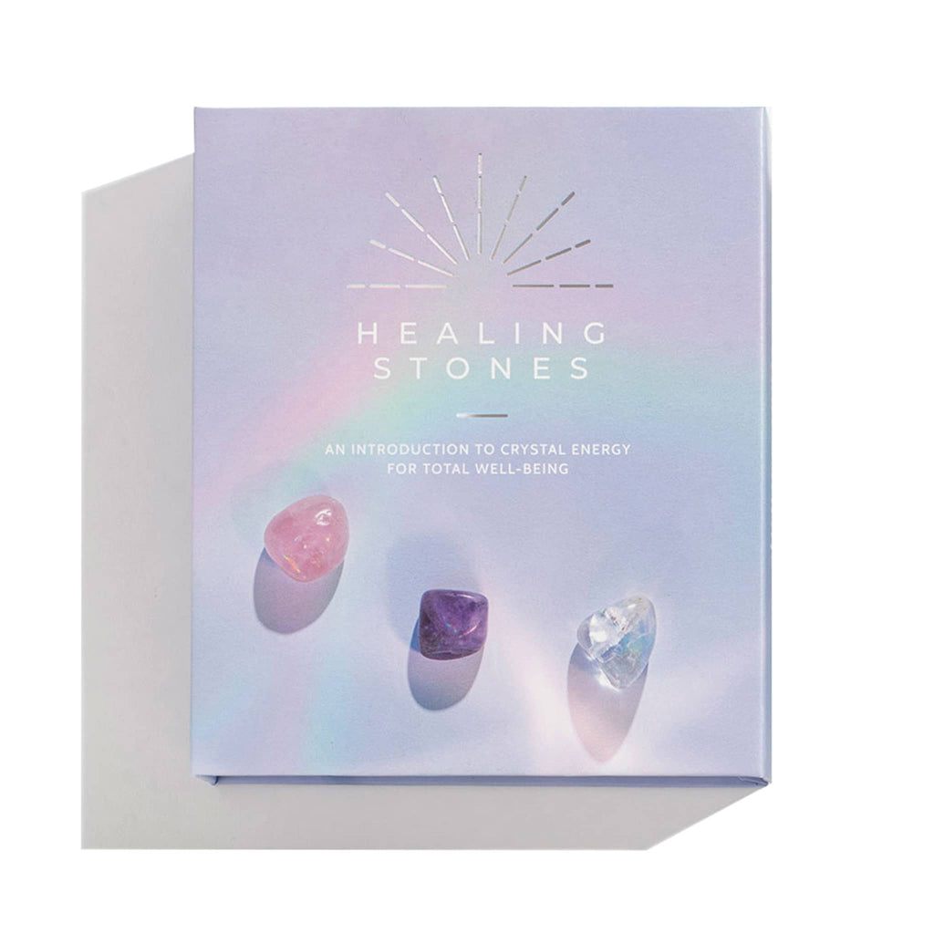 GeoCentral Healings Stones crystal set in light purple box packaging, front view.