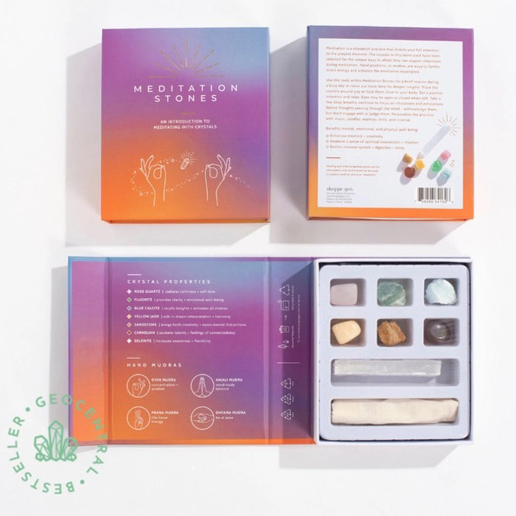 Geocentral Meditation Stones: An Introduction to Meditating with Crystals in orange, purple and blue ombre box packaging. Photo shows the front and back of box along with the box open and the stones in compartments.
