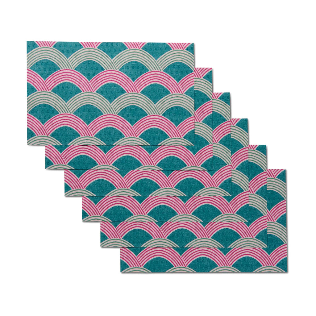 Geometry Nalin eco-friendly reusable not paper towels, set of six with a green and pink arch print.