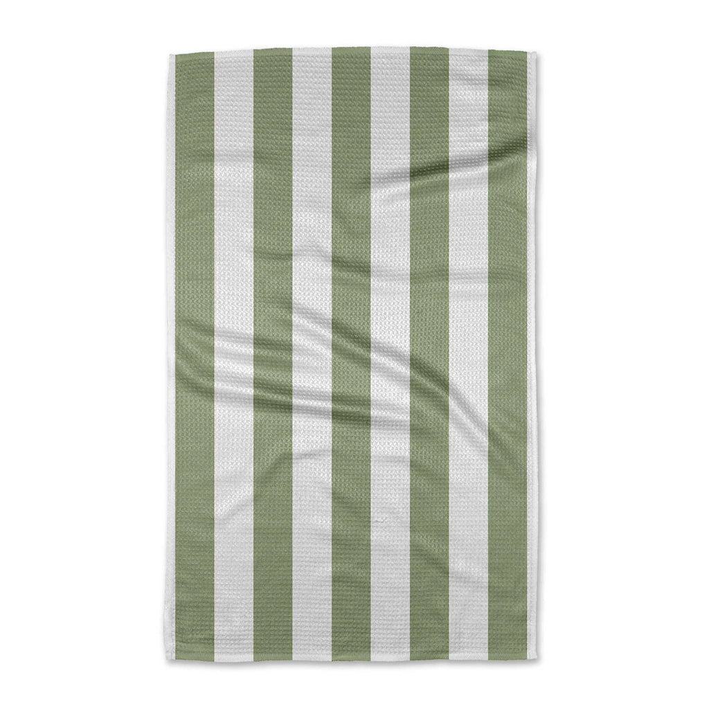 Geometry Candy Mint kitchen tea towel with green and white stripes, folded, front view.