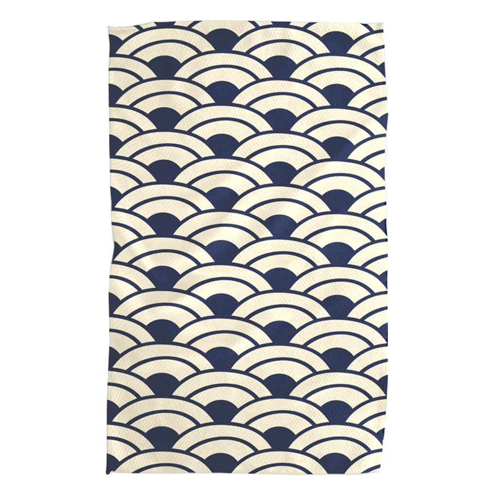Geometry Good Morning Friends Super Absorbent Kitchen Towel with a white and navy blue arch pattern.