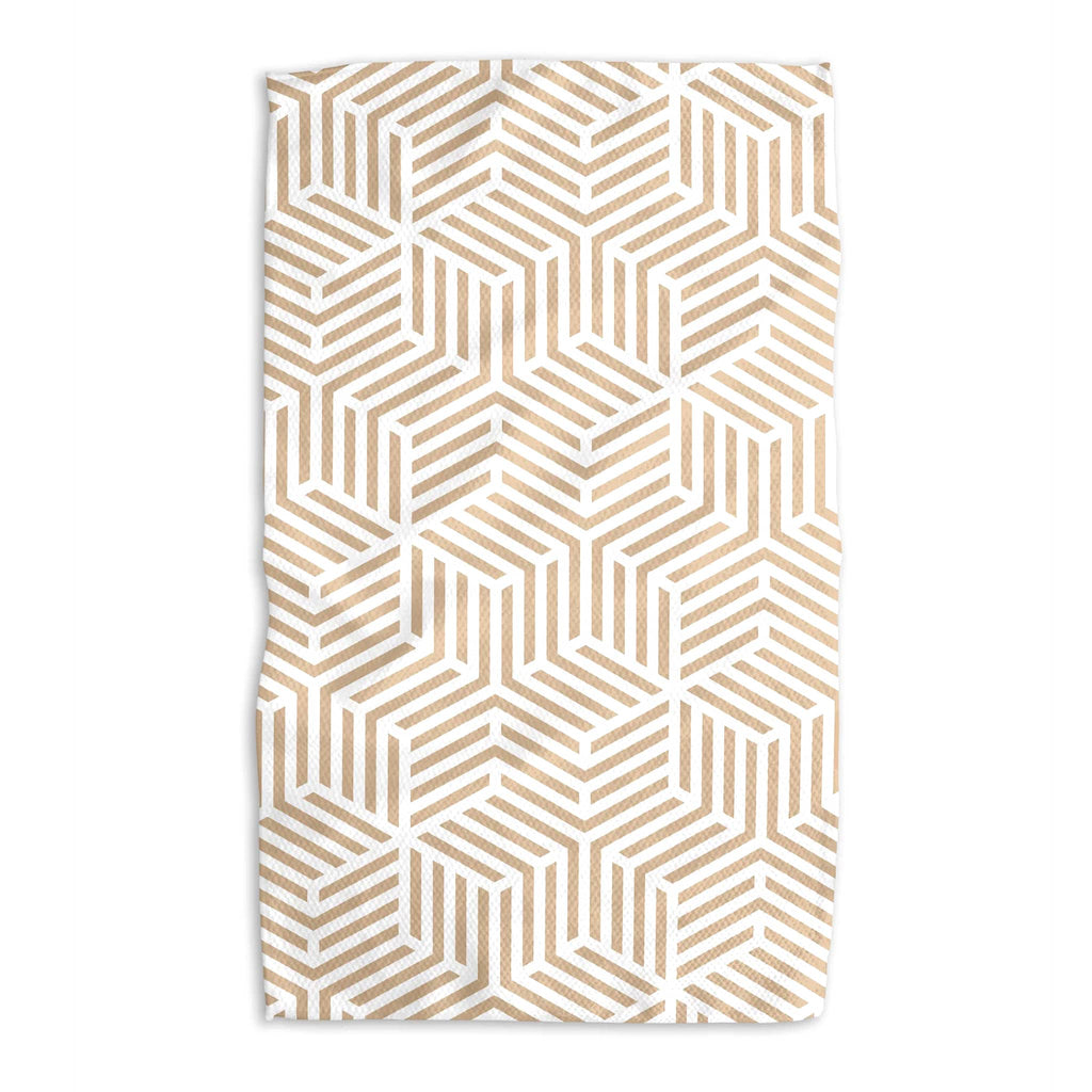 Geometry Stacked Cubes eco-friendly kitchen tea towel with tan and white geometric print.