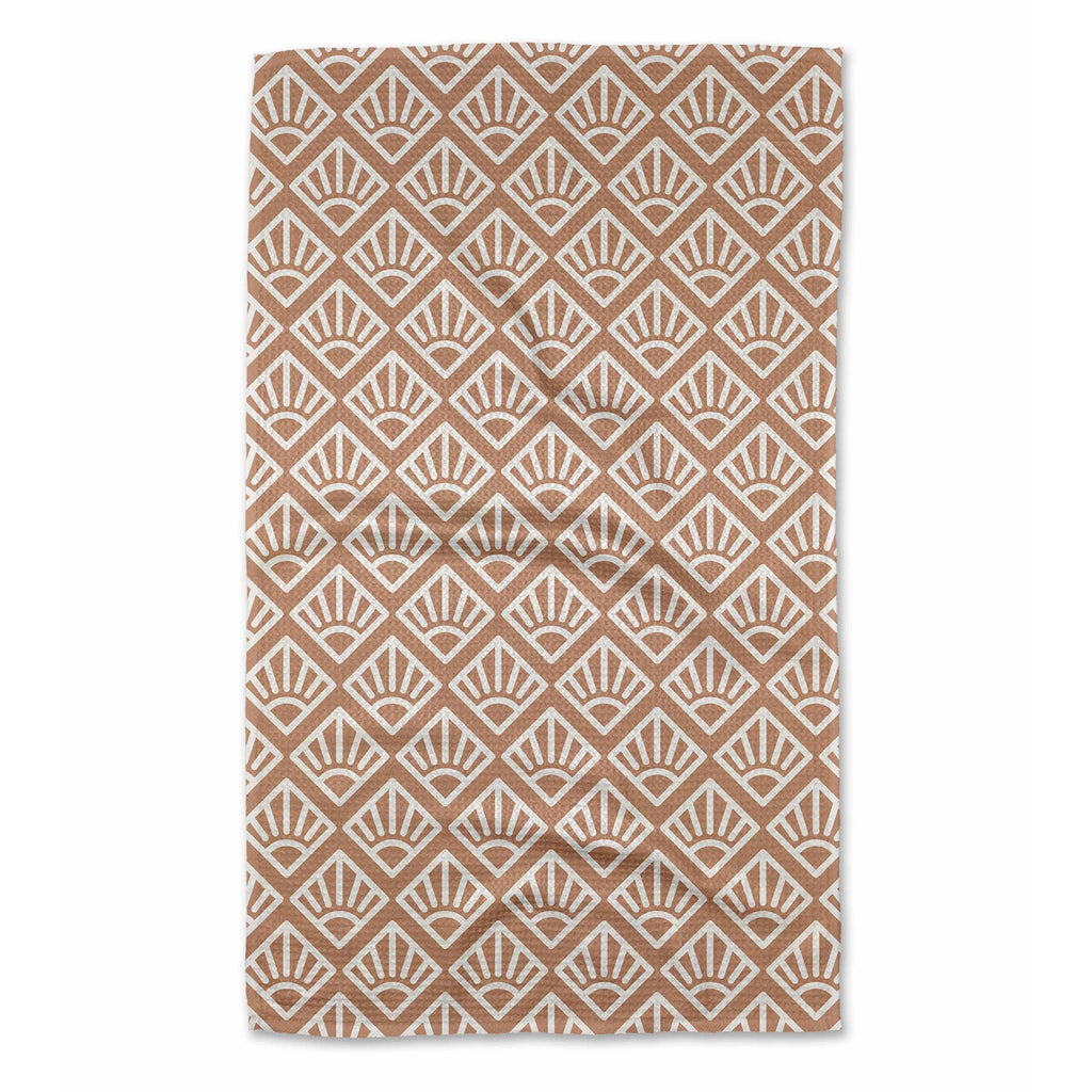 Geometry Sunrise Mosaic eco-friendly kitchen tea towel with tan and white geometric print.