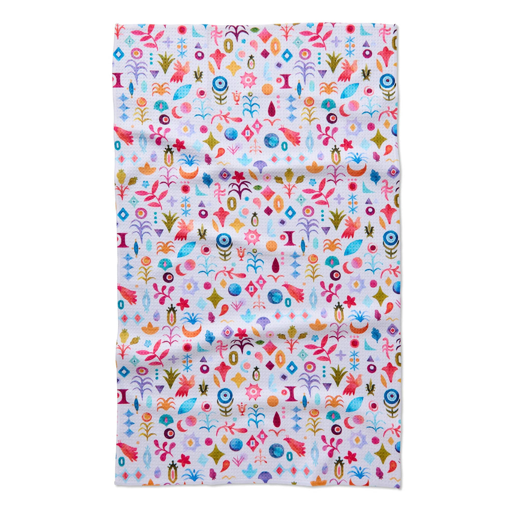 Geometry Tula eco-friendly kitchen tea towel with colorful symbols print.