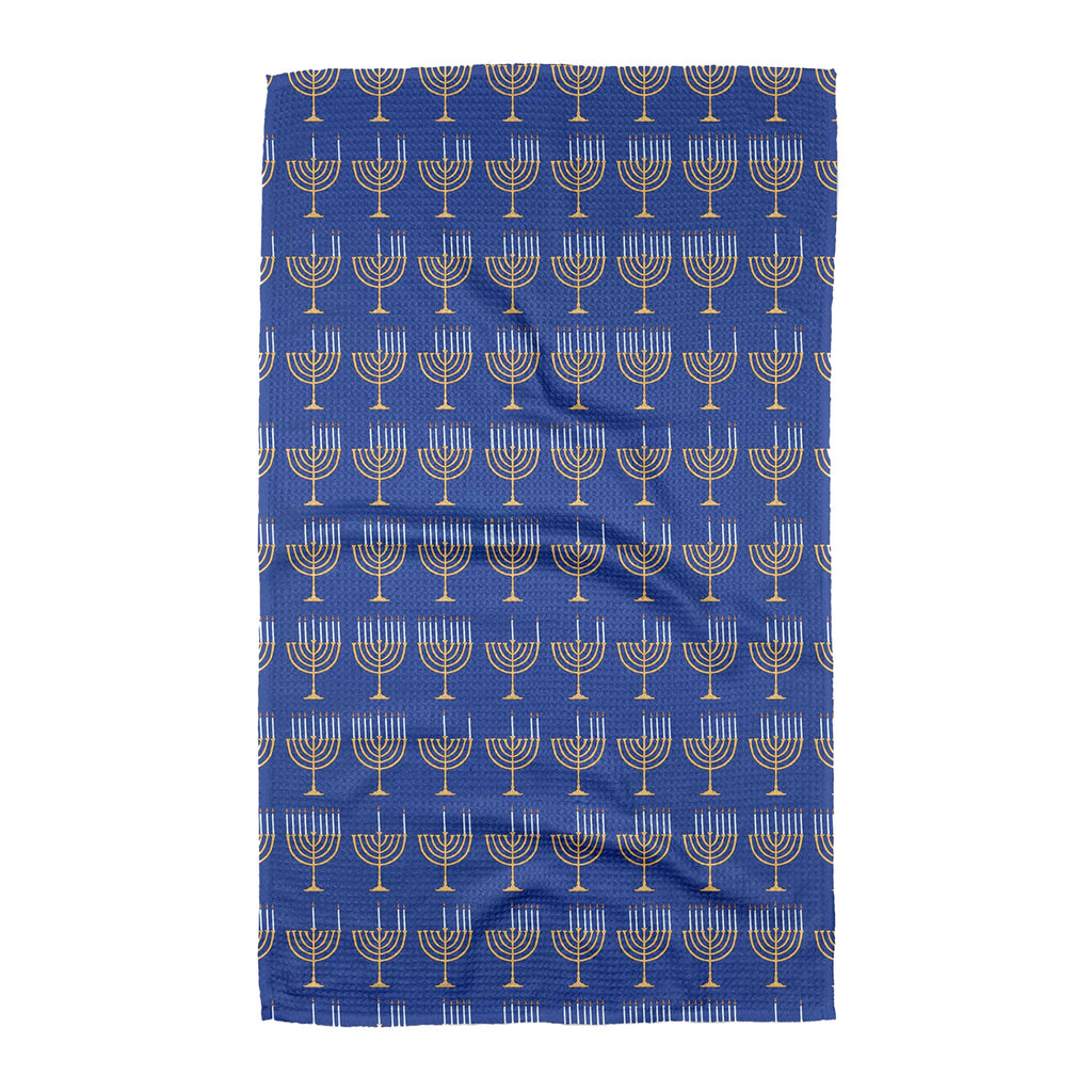 Geomettry Come Light The Menorah blue kitchen tea towel, front view.