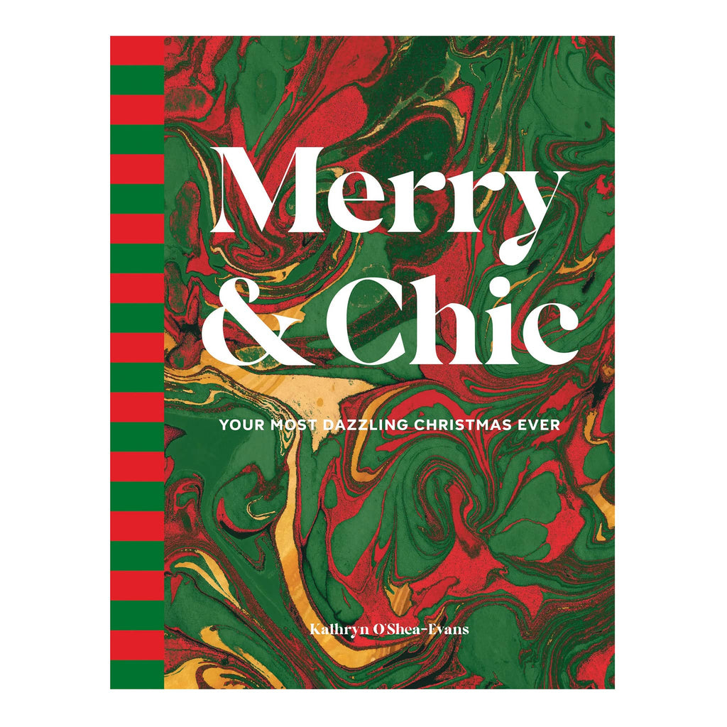 Book cover with 'Merry & Chic' text on a colorful red, green and gold marbleized design.