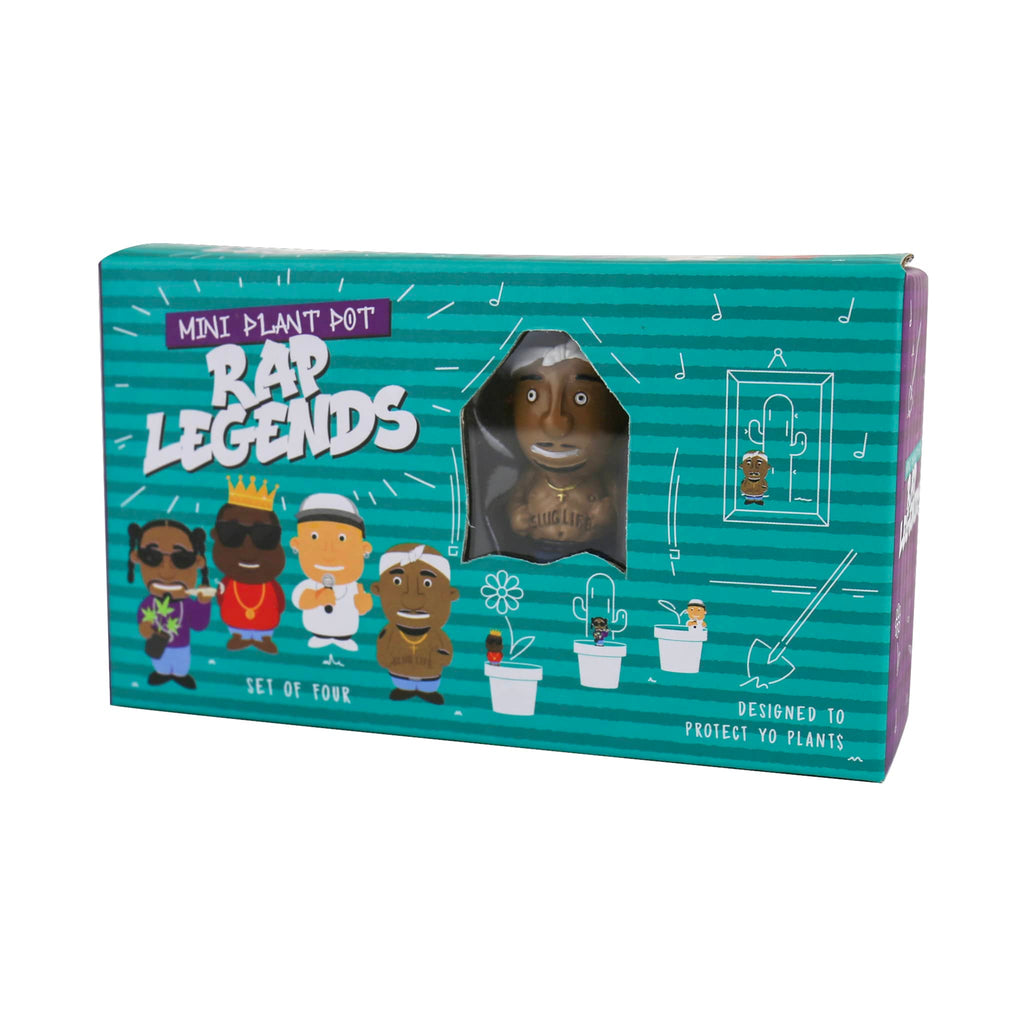 Gift Republic Rap Legends Mini Plant Pot Markers, set of 4 in box packaging, front view.