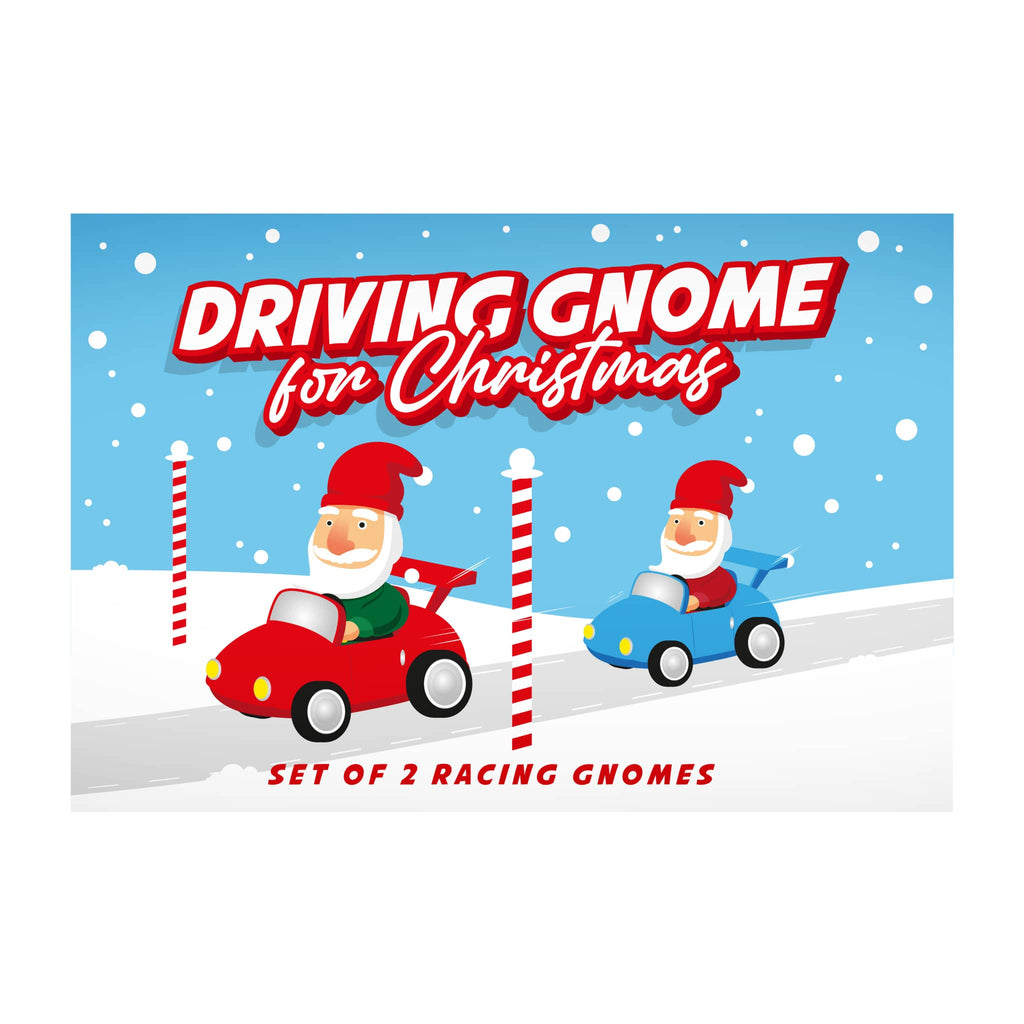 Front of box for 'Driving Gnome for Christmas' with two gnomes in cars on a snowy background.