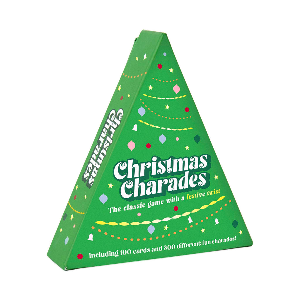 Gift Republic Christmas Charades holiday party game in green triangle shaped packaging, front angle view.