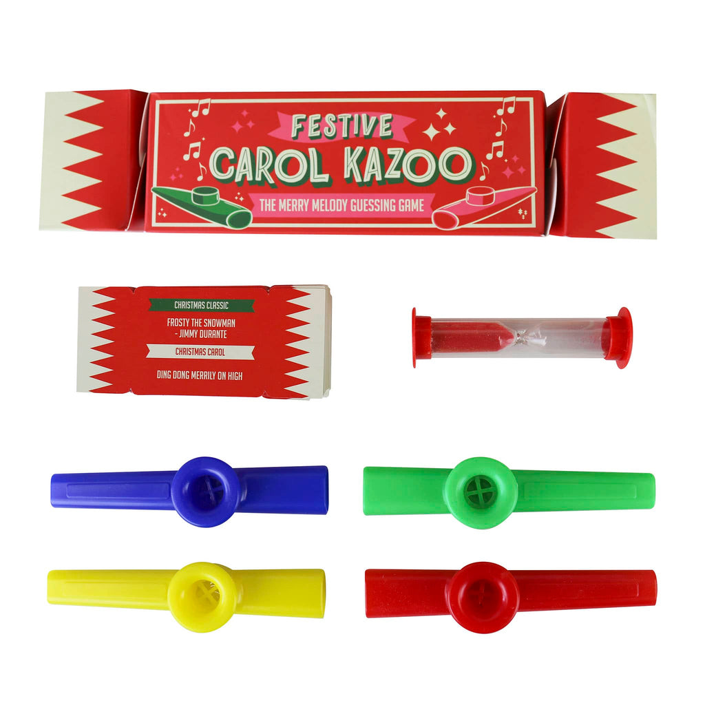 Gift Republic Festive Carol Kazoo holiday party game in cracker packaging, front view with contents.