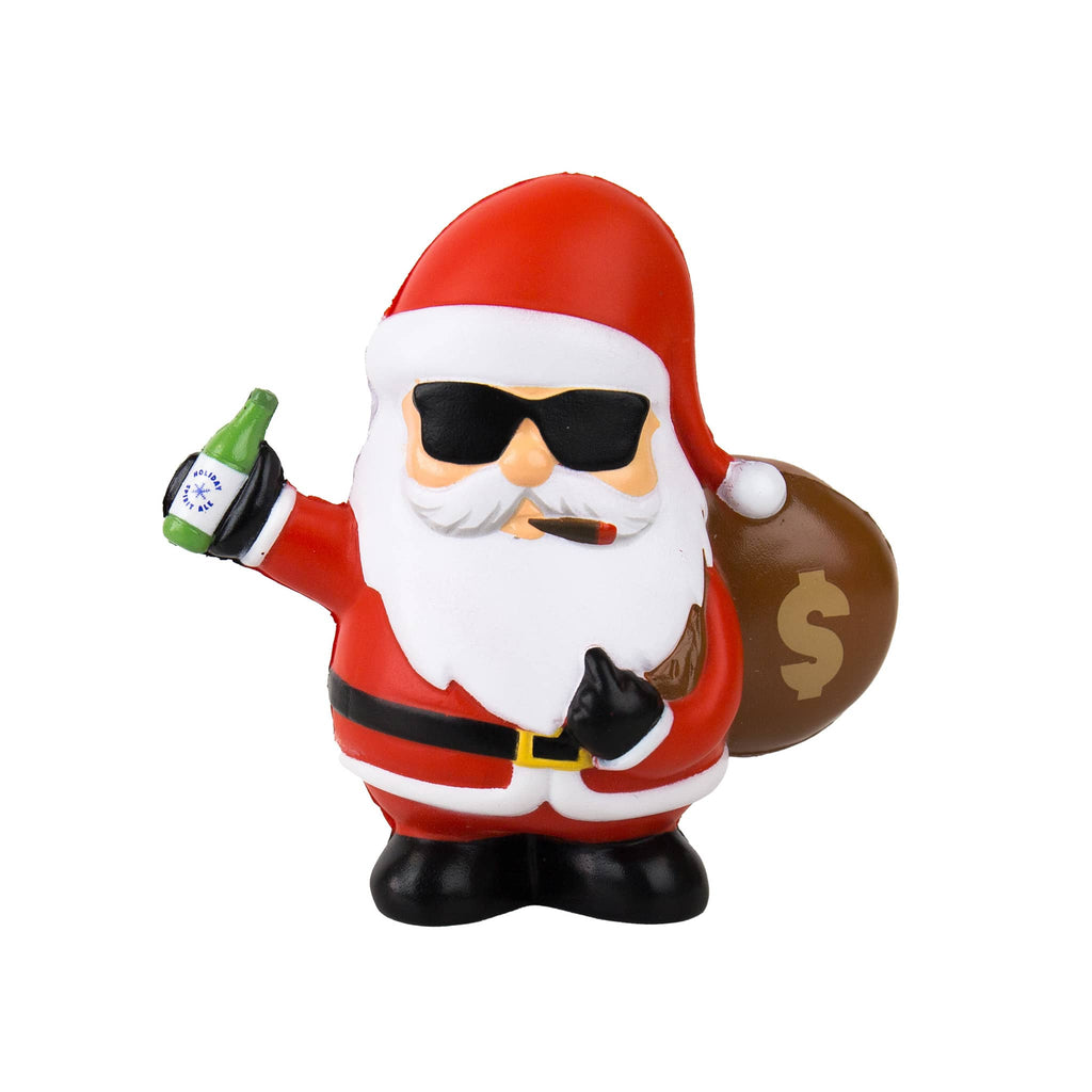 Bad Santa Claus figurine with sunglasses, green beer bottle, and money bag on a white background.
