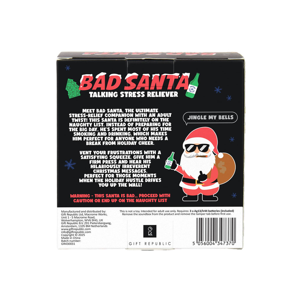 Back of a product packaging featuring a humorous 'Bad Santa' stress reliever with text and graphics.