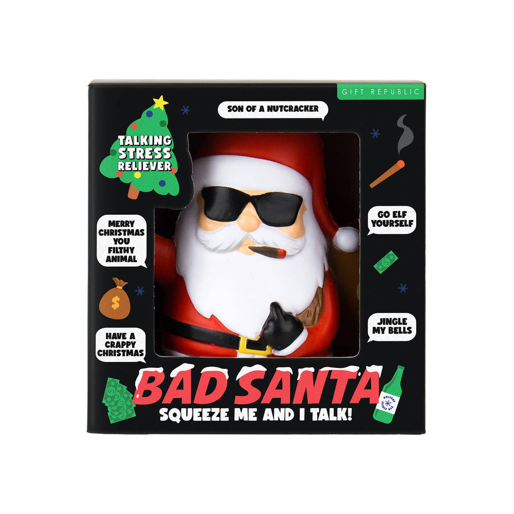 Bad Santa stress reliever toy in packaging with humorous text and graphics.