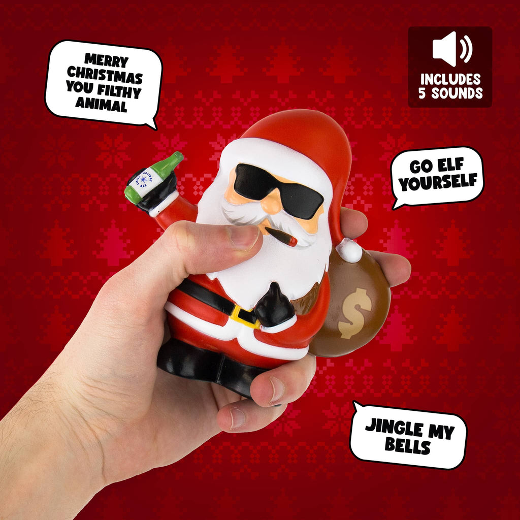 Animated Santa Claus toy with sunglasses and a bottle, held by a hand against a red background with text bubbles.
