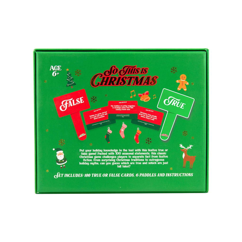 So This is Christmas Festive True or False holiday game, back of box packaging on white.