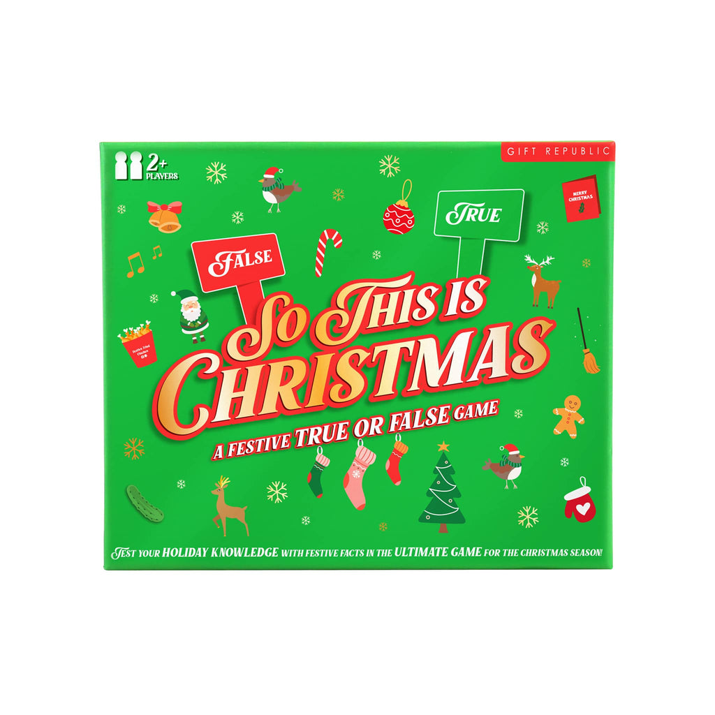 So This is Christmas Festive True or False holiday game, front of box packaging on white.