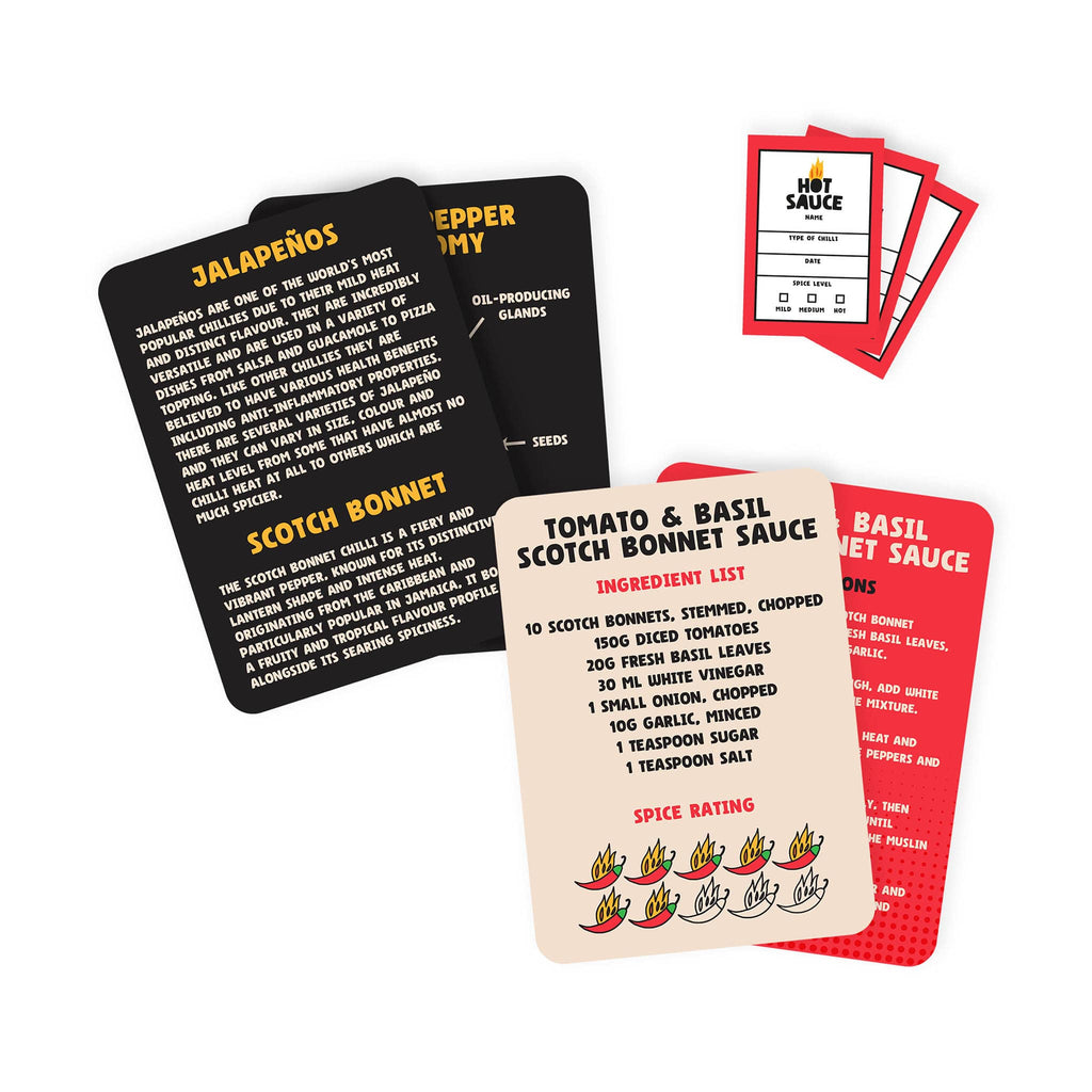 Gift Republic Grow Your Own Hot Sauce Kit, sample recipe and info cards.